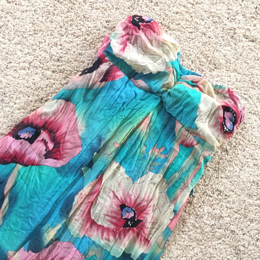 Blue Floral Strapless Maxi Dress w Slip